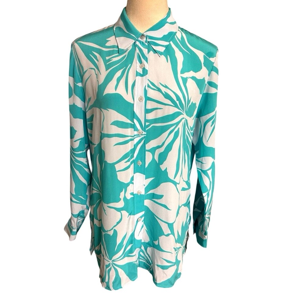 The Look Randolph Duke 100% Silk Blue White Floral Button Up Long Sleeves Top 8